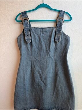 entro Light Blue Denim Midi Pinafore Dress with Silver Metal Buckle Straps